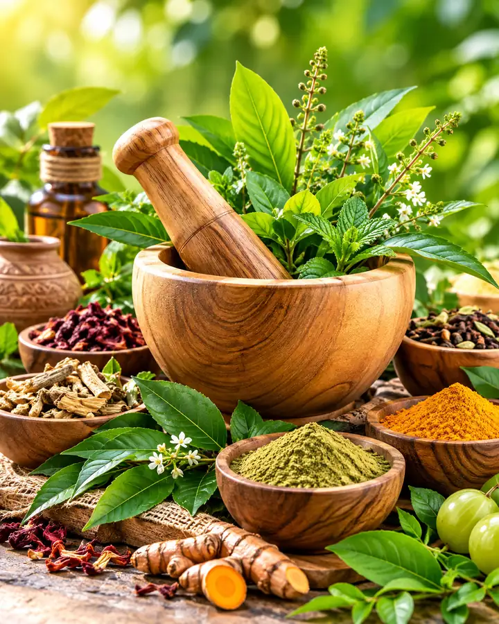 Fresh Ayurvedic herbs, mortar and traditional wellness ingredients